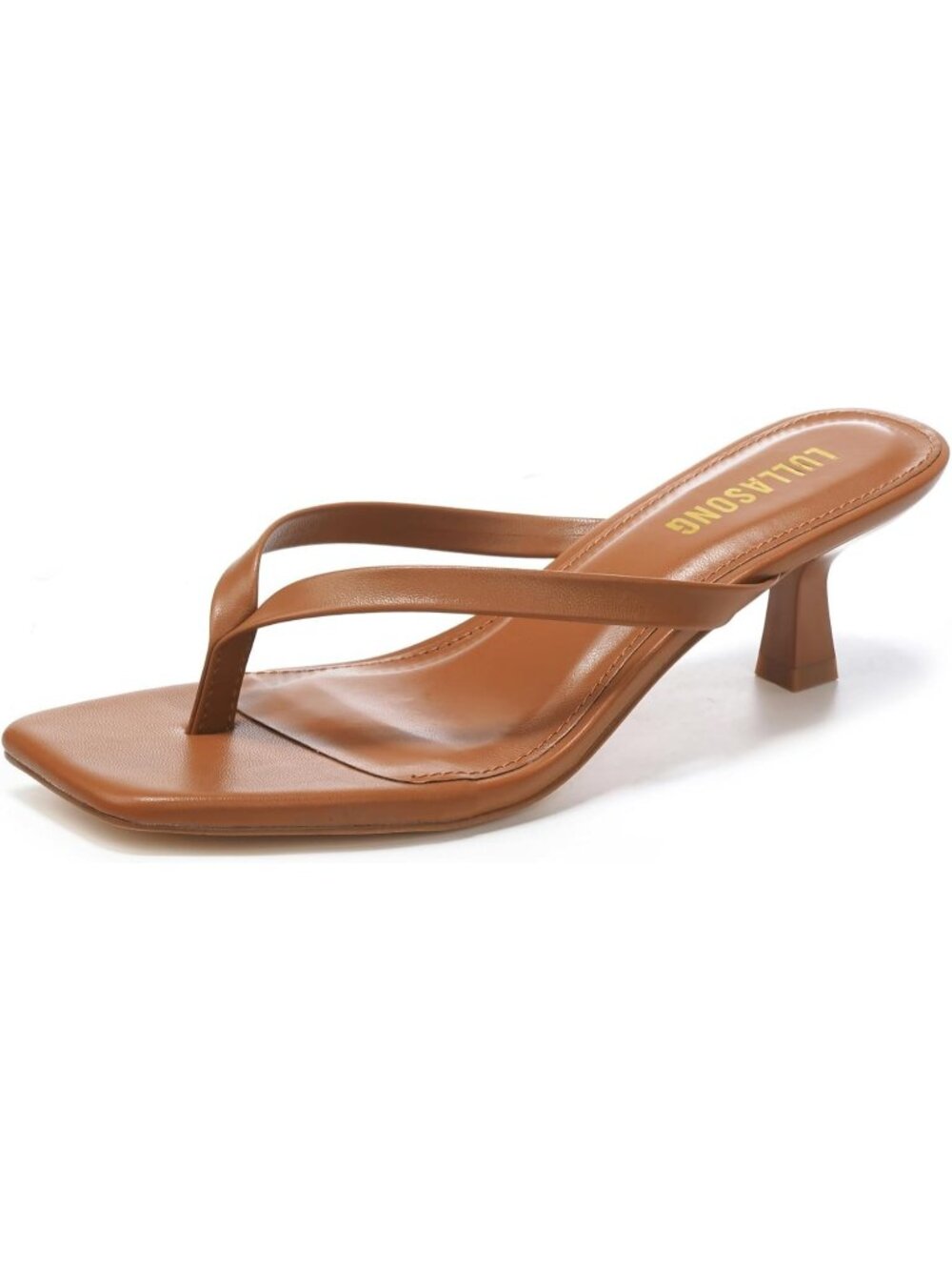 Women's Brown Faux Leather Square Open Toe Flip Flop Kitten Heel Sandals